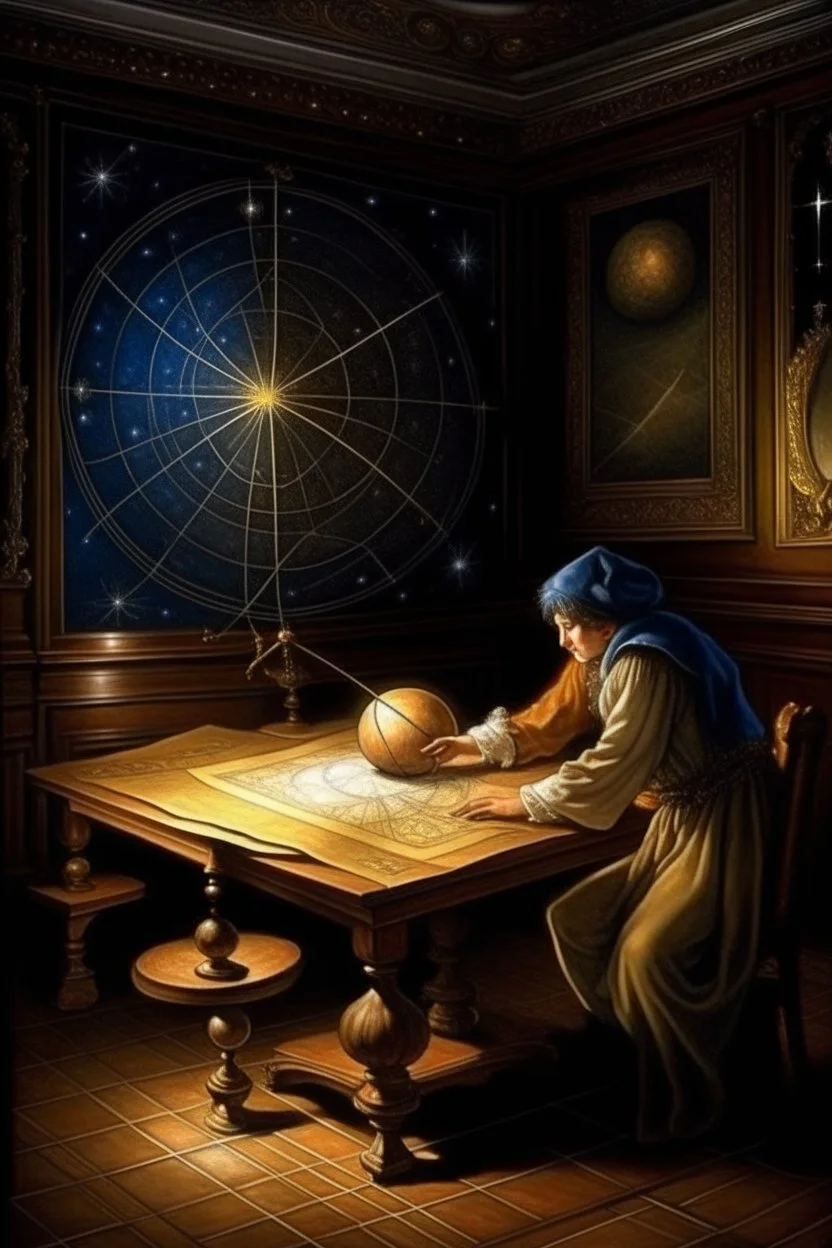 59. astrologer draws a star map, antique interior, baroque, night, moon is shining, planets