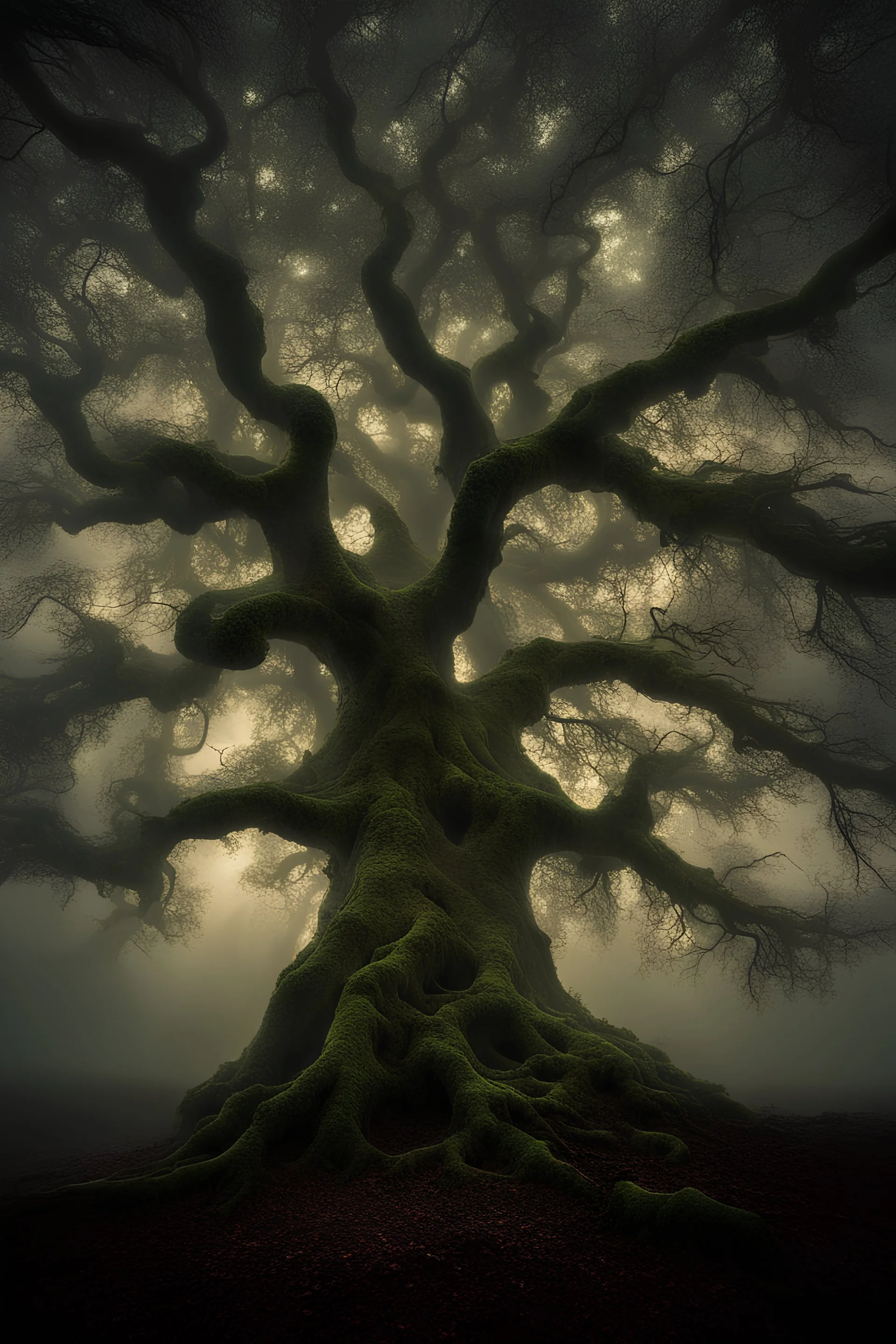 A mystical forest at dusk, with a towering ancient oak tree in the center, its gnarled branches covered in bioluminescent moss, casting an eerie, otherworldly glow, surrounded by a dense, foggy atmosphere, Photography, DSLR camera with a wide-angle lens, long exposure