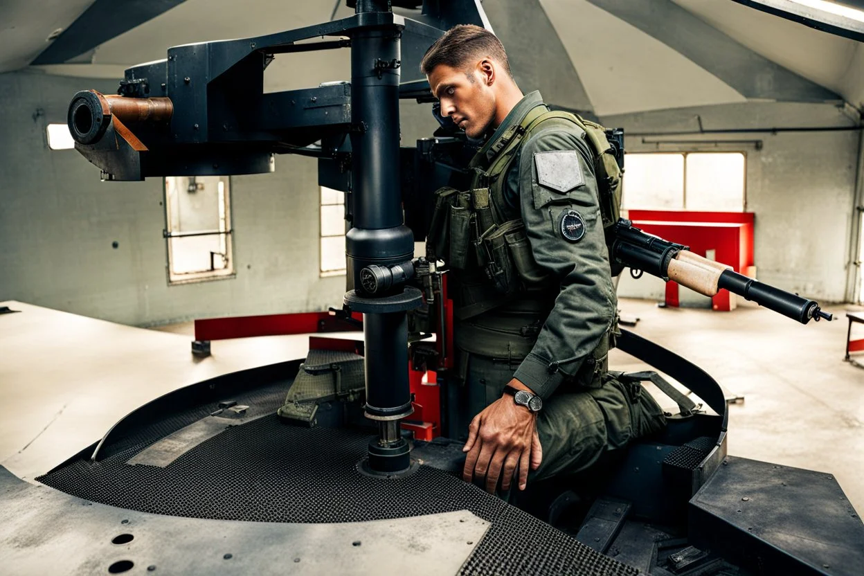 machine gun turret in a repair station