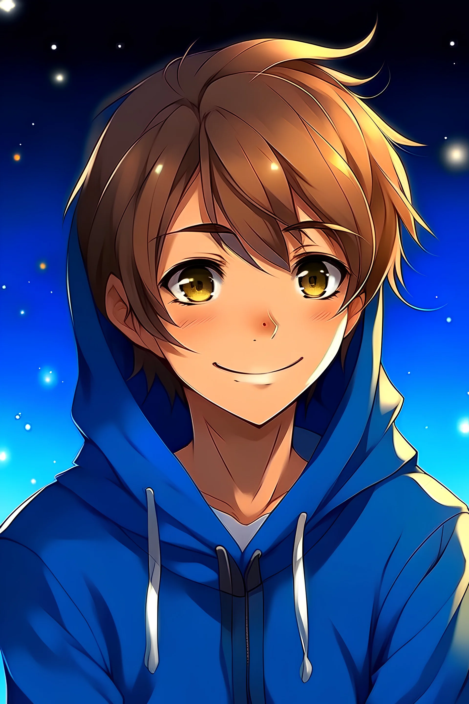 Brown hair anime boy with blue hoodie smiling face view starry night background