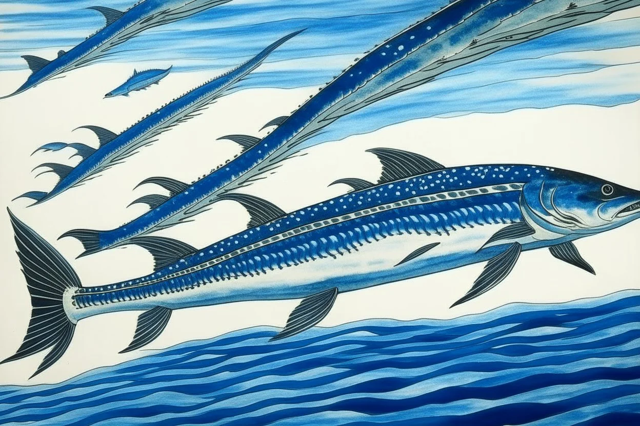 A blue ocean with barracuda painted by Katsushika Hokusai