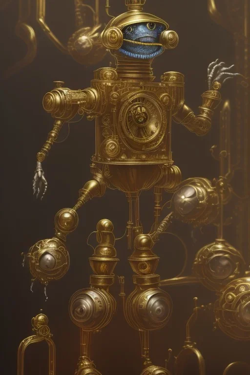 concept art of a giant mechanical clockwork marionette made of brass and gold in a dark moody interior, puppet, ornate, engraved highly detailed, fantasy, render, digital painting, trending on artstation, illustration, in the style of piotr jablonski, artgerm and greg rutkowski, dishonored, arkane lyon