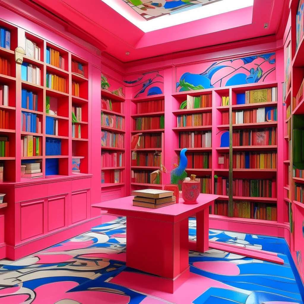 A pink magical library with telekinetic books painted by Henri Matisse