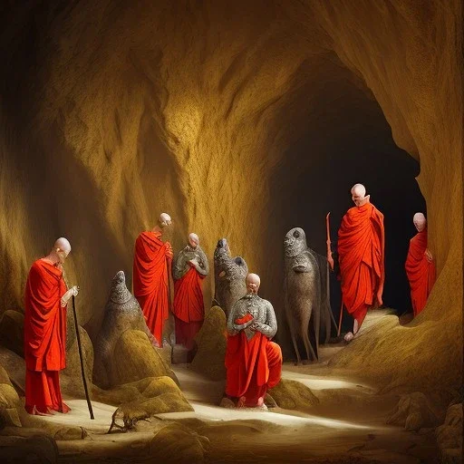 gathering of black robed monks in a cave of jewels