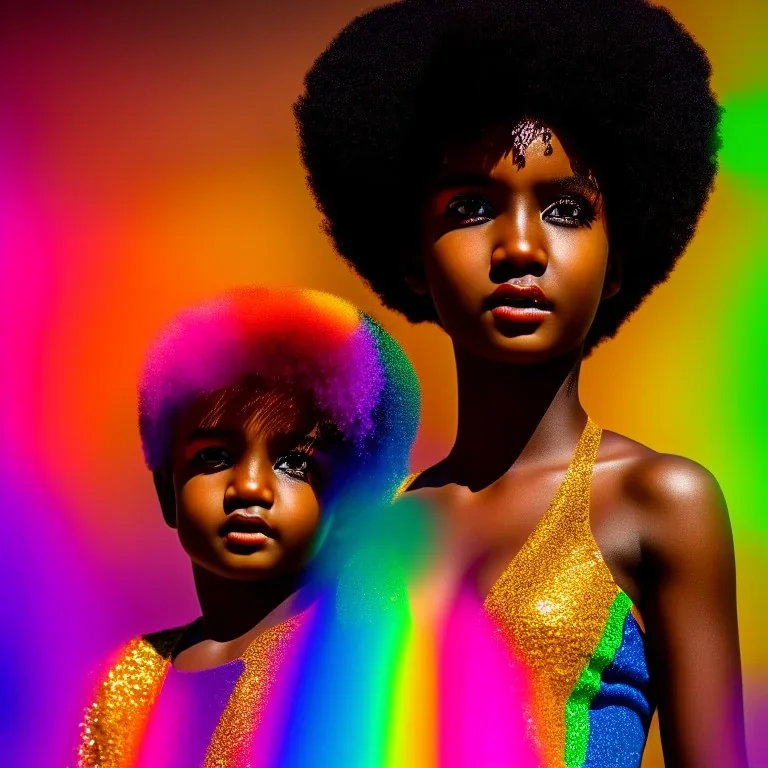 full body shot, masterpiece, best quality, child, dark skinned, sparkling eyes, fluorescent skin, colorful makeup, afro, highly detailed body, sun light, 4K, RAW, depth of field, high contrast, realistic details, 24mm