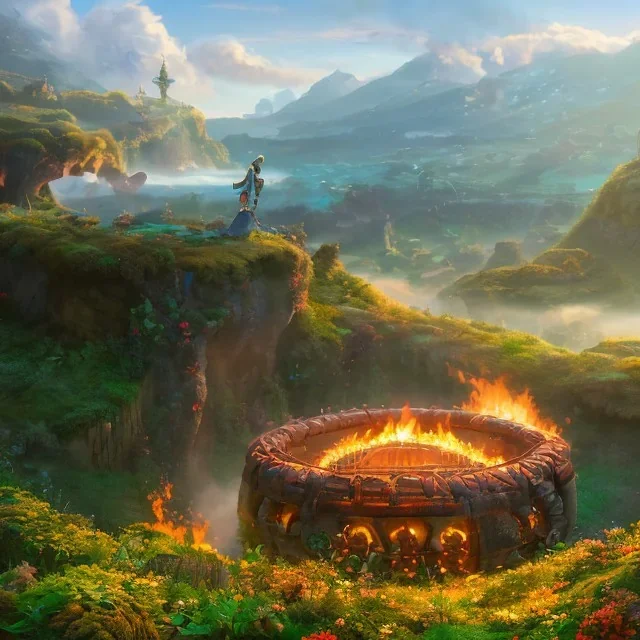 A Epic circular biomechanical fire ring portal, in middle of surreal hills, surrounded with beautiful cloud mist, art by Jordan Grimmer, high level of details