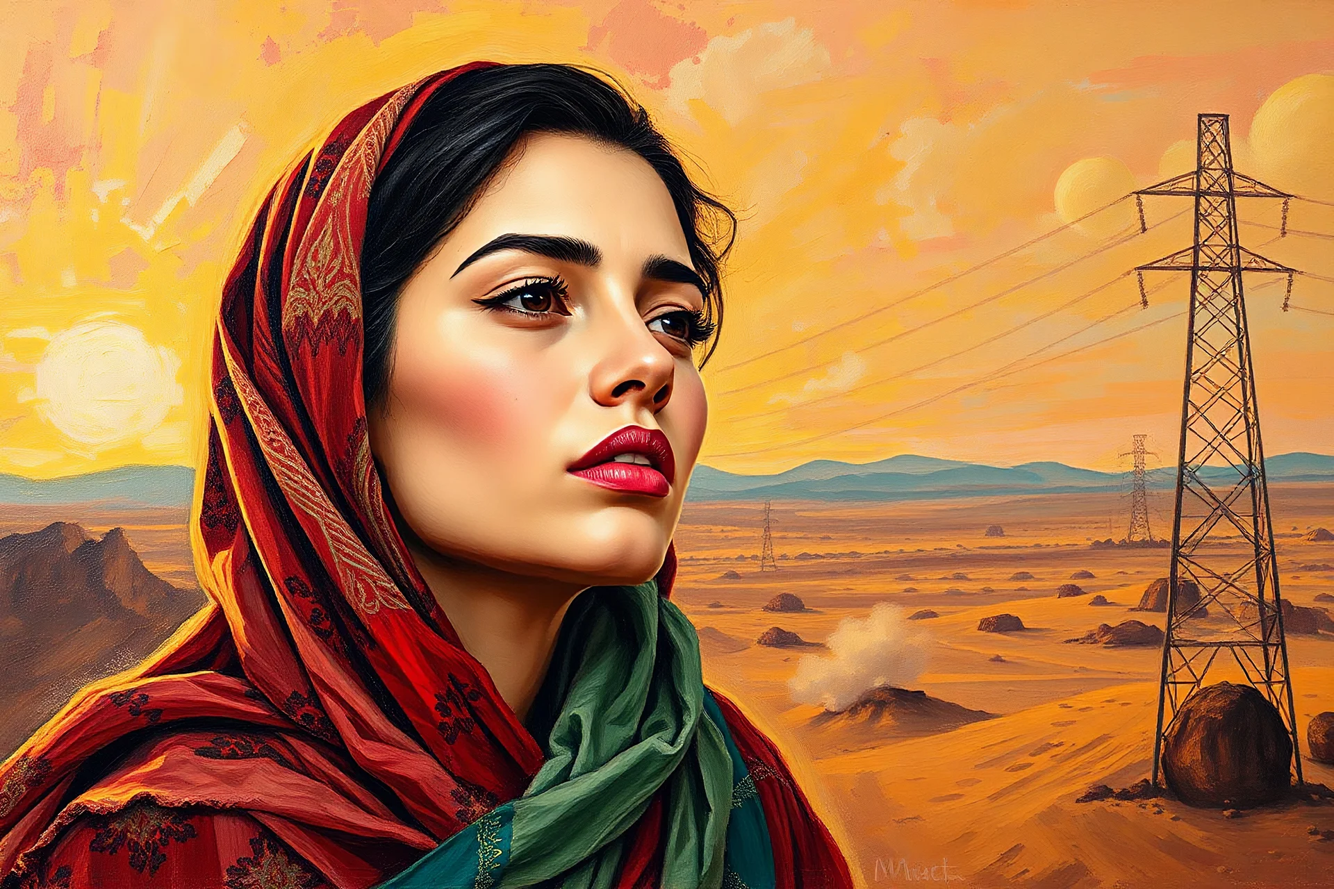 Woman Of Iran. Oil Painting, Sargent Technic. World War new modern Technology. High voltage power tower, Woman Revulsion Iran. Dry and harsh desert