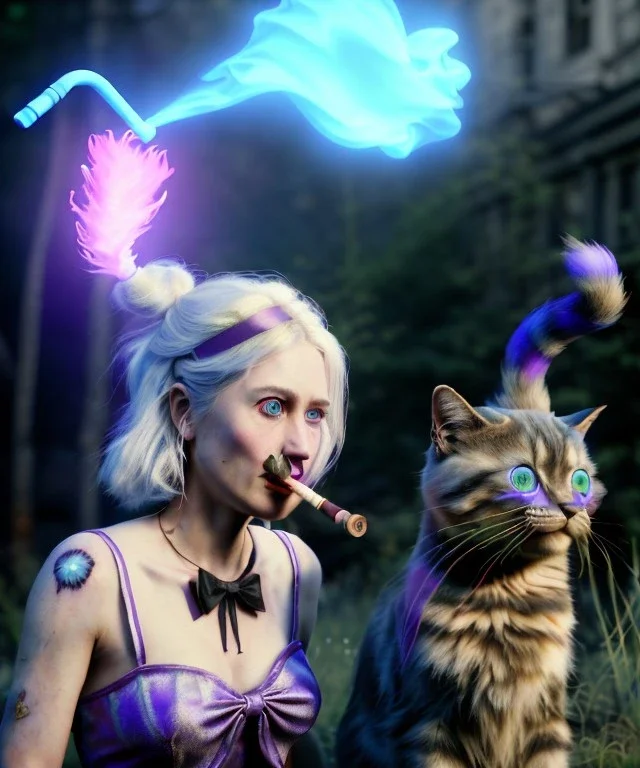 Ultra realistic photo, happy couple, blonde Alice woman and purple cat smoking a pipe + circus blue dress style + black headband with bow + old school body tattoo, smoke, marihuana garden, glow eyes, perfect iris, soft color, highly detailed, unreal engine 5, ray tracing, RTX, lumen lighting, ultra detail, volumetric lighting, high definition.