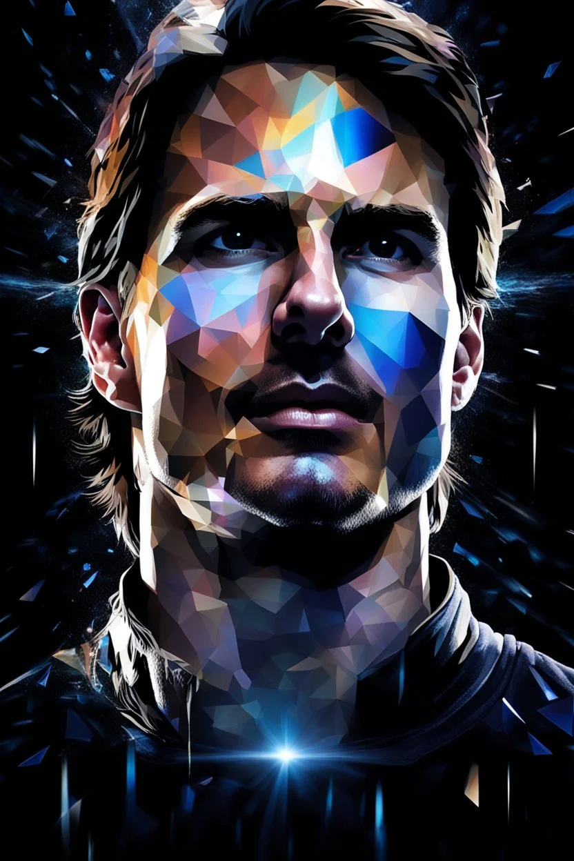 Tom Cruise facial portrait - pitch-black background with a blue glowing overhead spotlight effect, multicolored shards of ice, splashing water, prism effect, mosaic effect, time travel, space voyages, superheroes, moving really fast