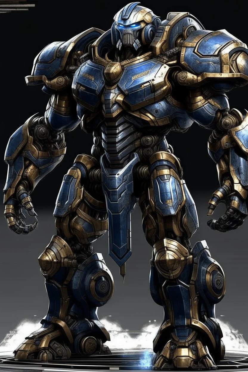 Ironclad stands at an imposing 8 feet tall and is heavily armored with a combination of sleek metallic plating and blue energy accents. Its body is adorned with a polished, reflective surface, giving it a distinct and imposing presence on the battlefield. His waist is snatched. His design is like Nullsector from Overwatch