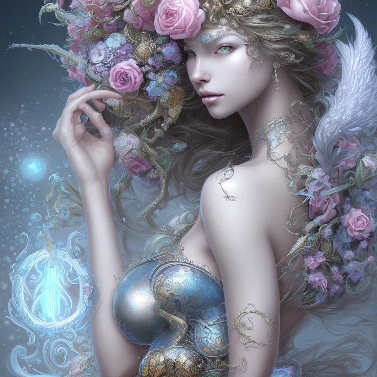 fantasy magic, intricate, sharp focus, illustration, highly detailed, digital painting, concept art, artgerm and paul lewin and kehinde wiley, masterpiece sexy lips with smile Asian lady body flowers head silver bright rain lady outer space pretty, pink blue