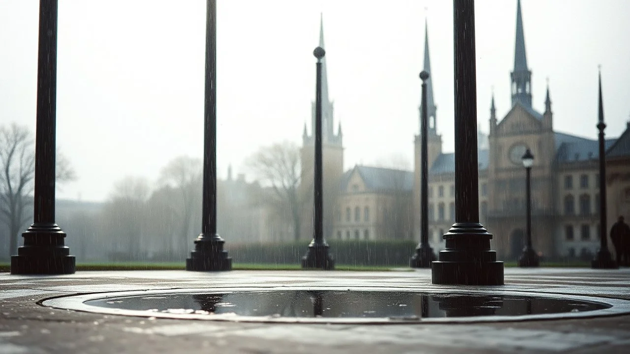 35mm film photography, The poles and spires and towers vapor kissed during a rainy afternoon, with droplets of water forming on them and a reflective puddle at the base., high detail, pastel, soft tones, splitlight effect, profesional photography, hard shadows, high contrast