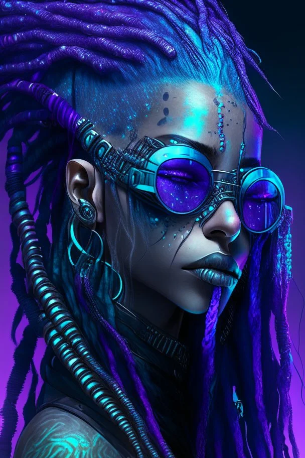 mermaid cyberpunk some scales on face indigo hair dreadlock sunglasses