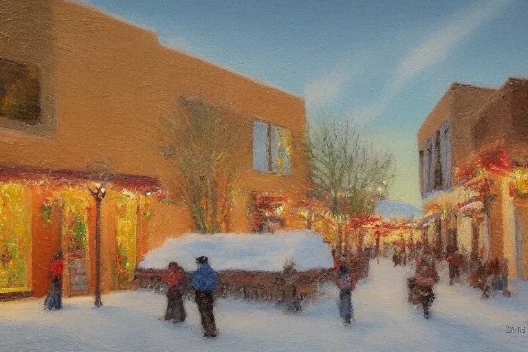 impressionist painting of a christmas scene in Santa Fe, New Mexico