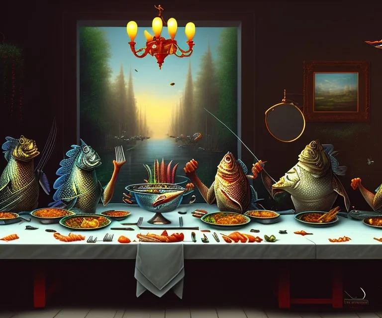 supper, fish sit at the table and eat pieces of people.