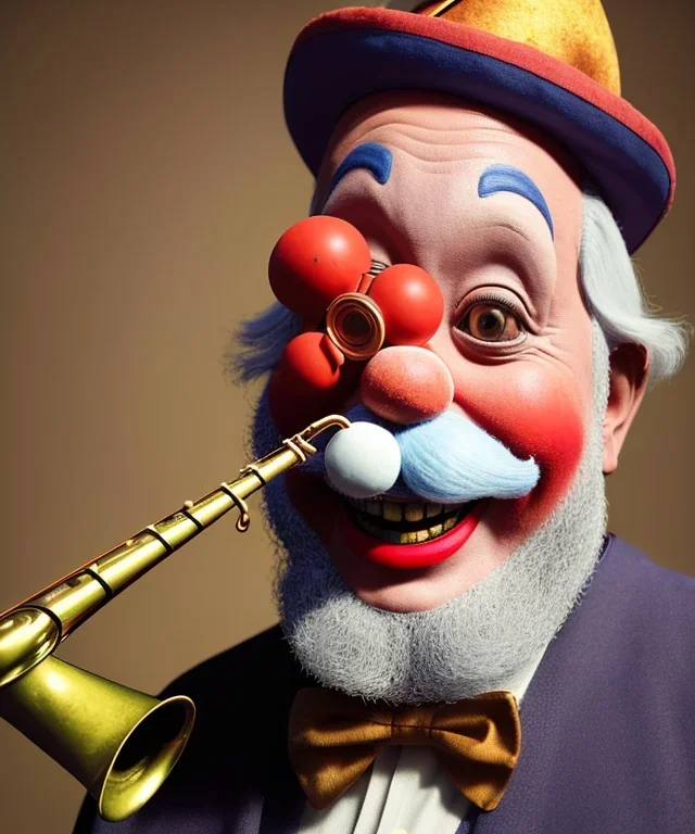 happy and funny old friendly clown with round head and trimmed beard playing jazz with a steampunk theme, trumpet on mouth, carnival, dreamy