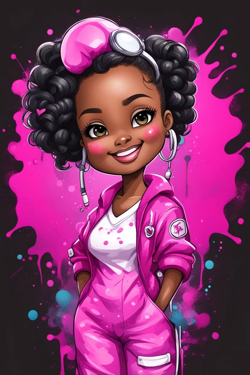 Create an abstract graffiti water color painting illustration of a chibi cartoon black female curvy smiling and hot pink scrub suit. Prominent make up with lush lashes and hazel eyes. Highly detailed slick ponytail thats wavy. background of the amour of stethoscopes