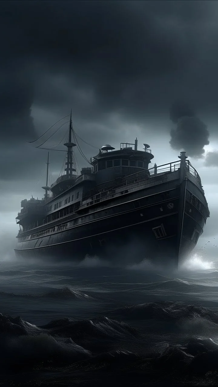 ,surrealism of the dark of a nightmare , hyper photorealistic, hyper detailed dark art color, high resolution, fog, octane render, tilt shift, HDRI Environment, all pictures dark gray, a torpedo hitting a ship and a huge mad creature in the sky behind the boat covering the whole background