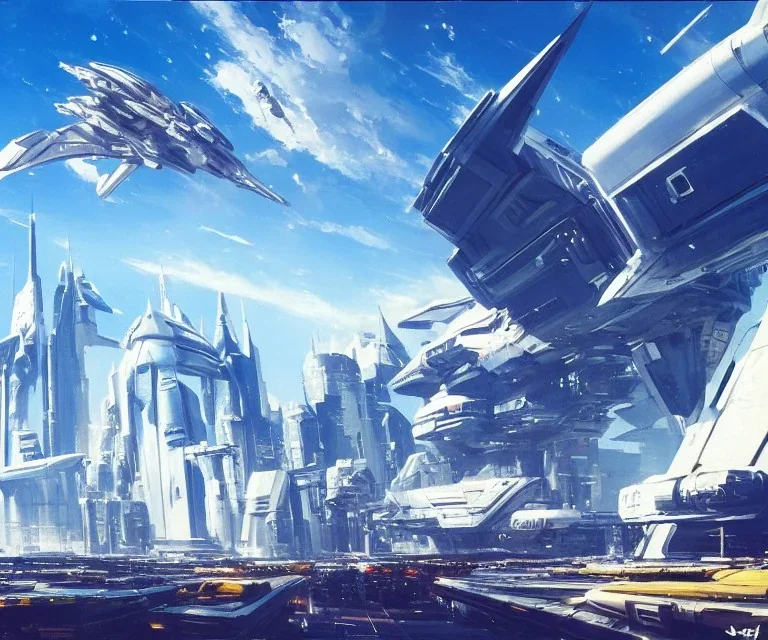 Spaceship starting from a Spaceport on a heavy industrialized planet, art by John Berkey, buildings with glass facades, insanely detailed, vibrant, 8k uhd, cinematic aosphere, ultra-wide angle, street level view, brush strokes, blue sky with clouds, sharp focus