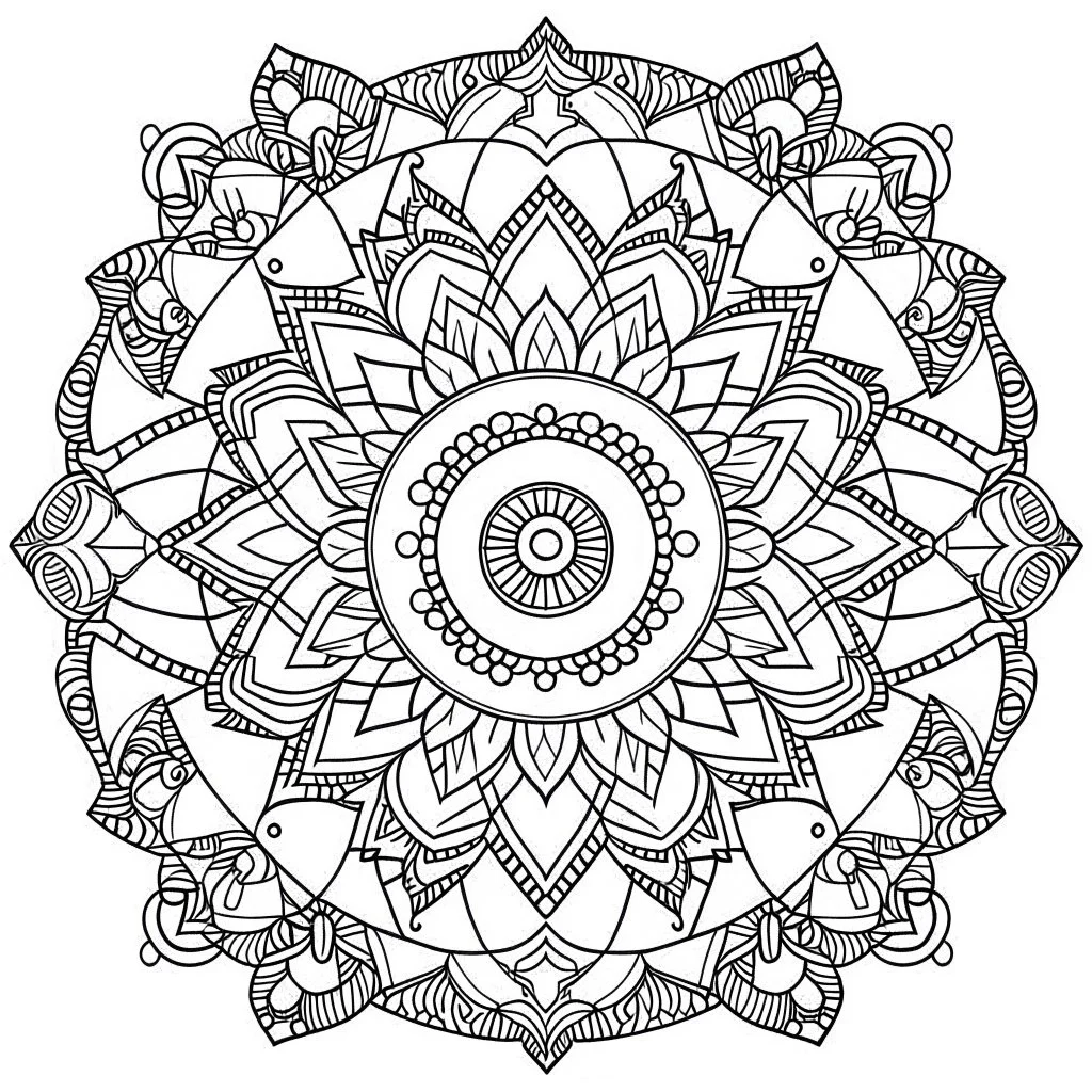 "Create a unique MANDALA. This mandala coloring sheet features strange and imaginative SHAPES, ensuring a realistic yet fantastical journey. Draw clean lines in a 3:4 aspect ratio on a white background, embracing minimalistic black lines and low-level black colors. Craft a coloring page with perfect, clear lines, avoiding repeated images, sketching, and thick black colors.