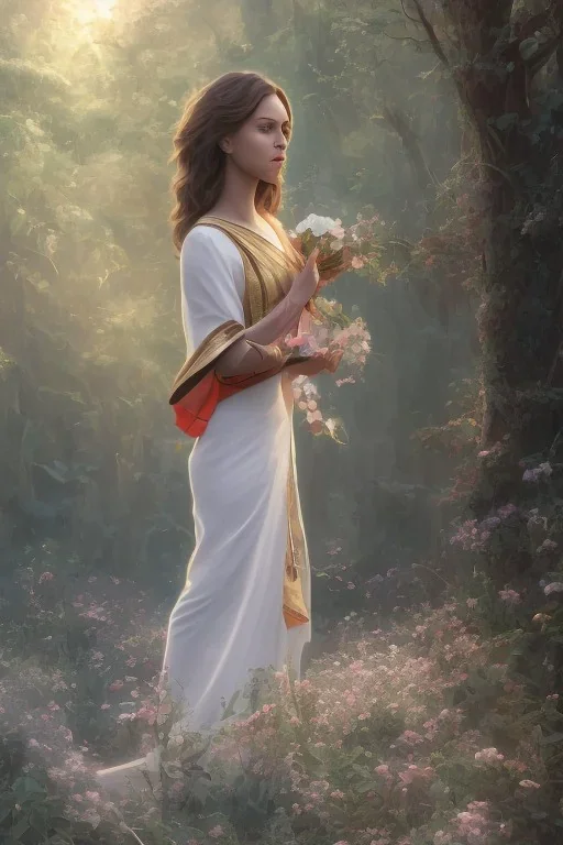 Jesus portrait , detailed hands, at dawn by atey ghailan, golden light , white robe, holding leaves and flowers , angels background, volumetric light, high detail, red leaf tree, mountains in background, perfect