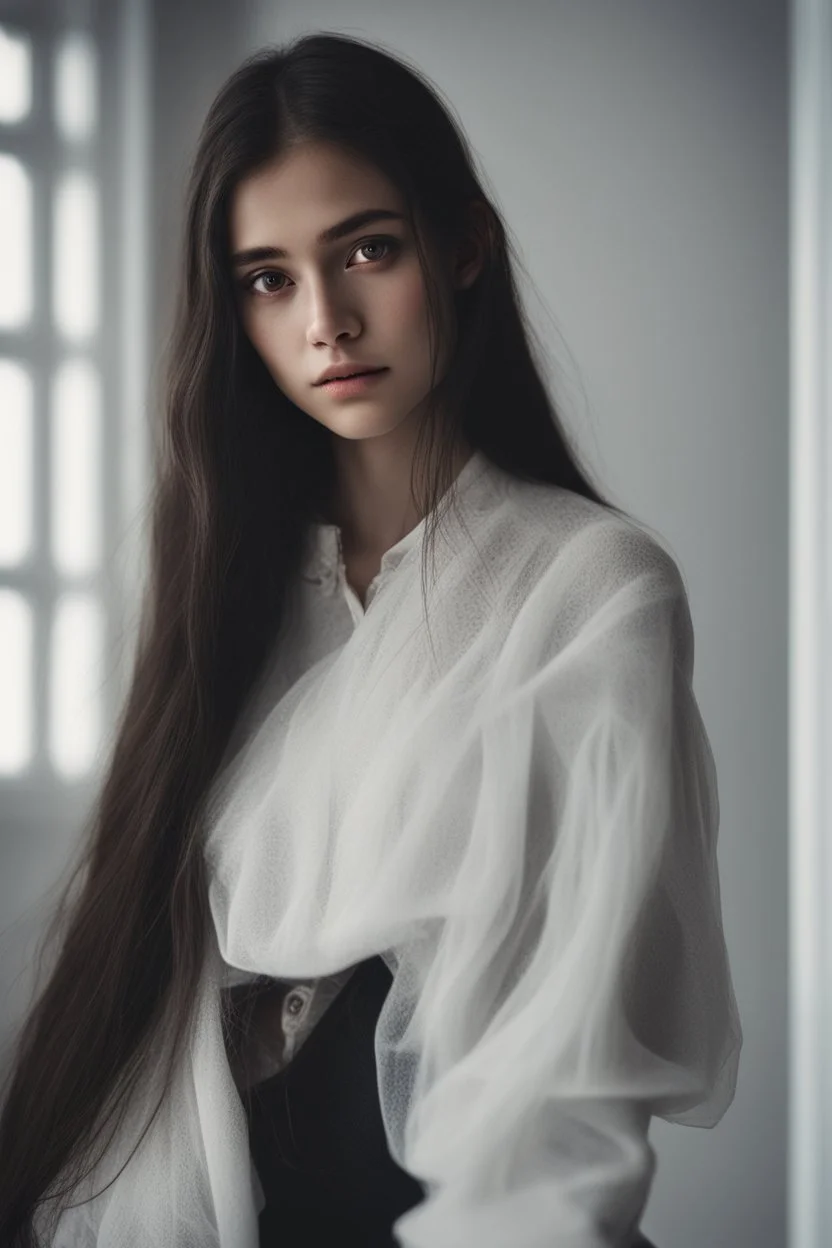 An incredibliy detailed medium close up macro shot of a 20 years old beautiful girl, long dark hair, an artistic portrait, detailed skin, detailed hair, facing to the camera, looking at the camera, dreamy mood, realistic, low aperture, bright image, Leica Q3, corner in the white room, white background, sunlight from the window, shadow of the window frame, golden hour