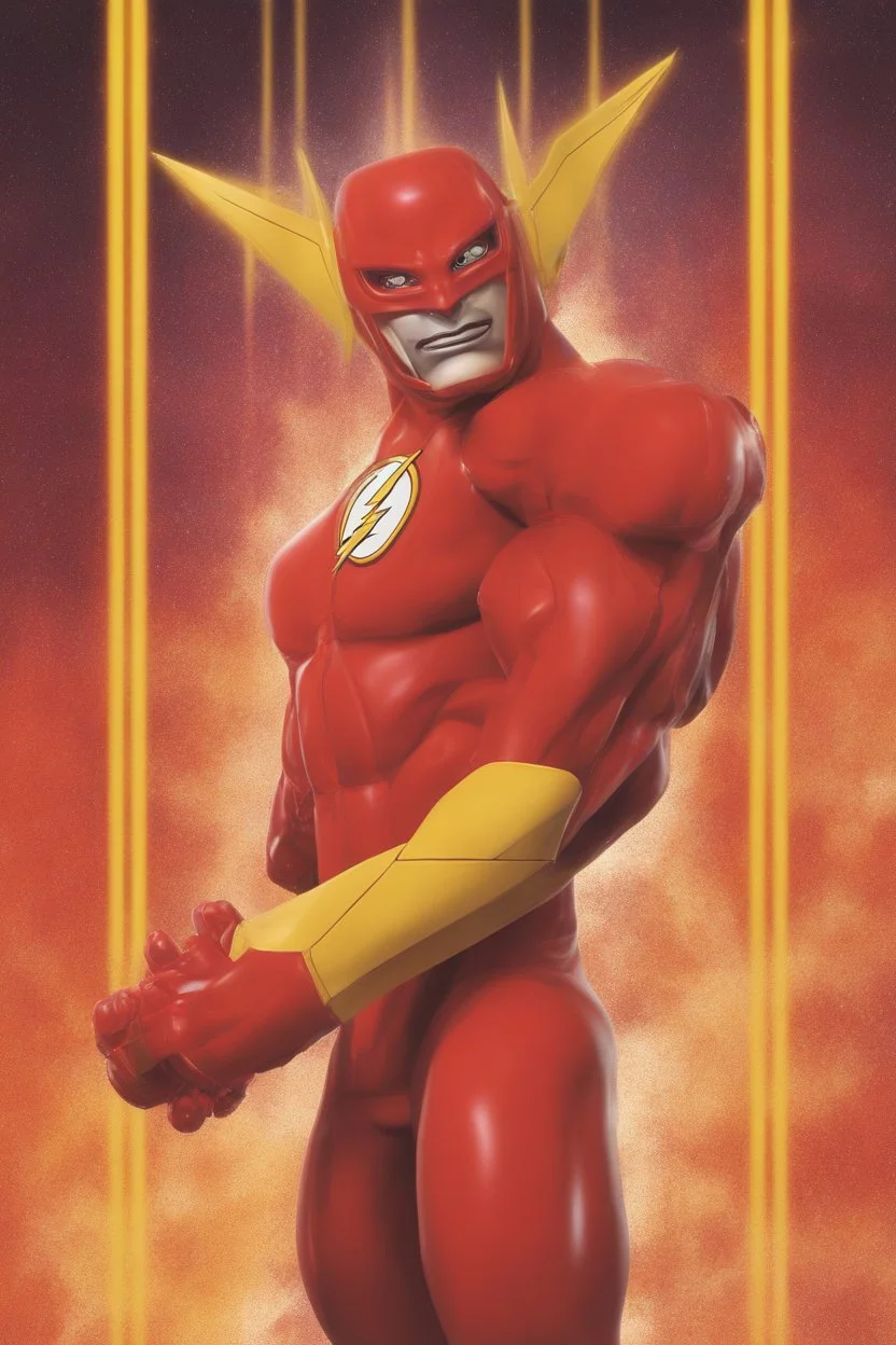 close-up, Head and shoulders portrait of extremely muscular lego-man as the Flash wearing red, bandit eye mask, a bright red spandex flash suit with gold boots, and gold wrist gauntlets, standing up straight, with his arms at his sides, looking directly into the camera, extremely colorful, multicolored lightning, outer space, planets, stars, galaxies, fire, explosions, smoke, volcanic lava, craggy mountain peaks in the background, 32k UHD, 1080p, 1200ppi, 2000dpi, digital photograph