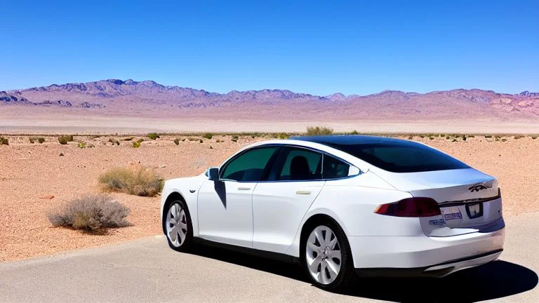 A Tesla's 'Model S Plaid' is parked, at the 'Lake Mead', in Nevada. CINEMATIC. WIDE ANGLE LENS.