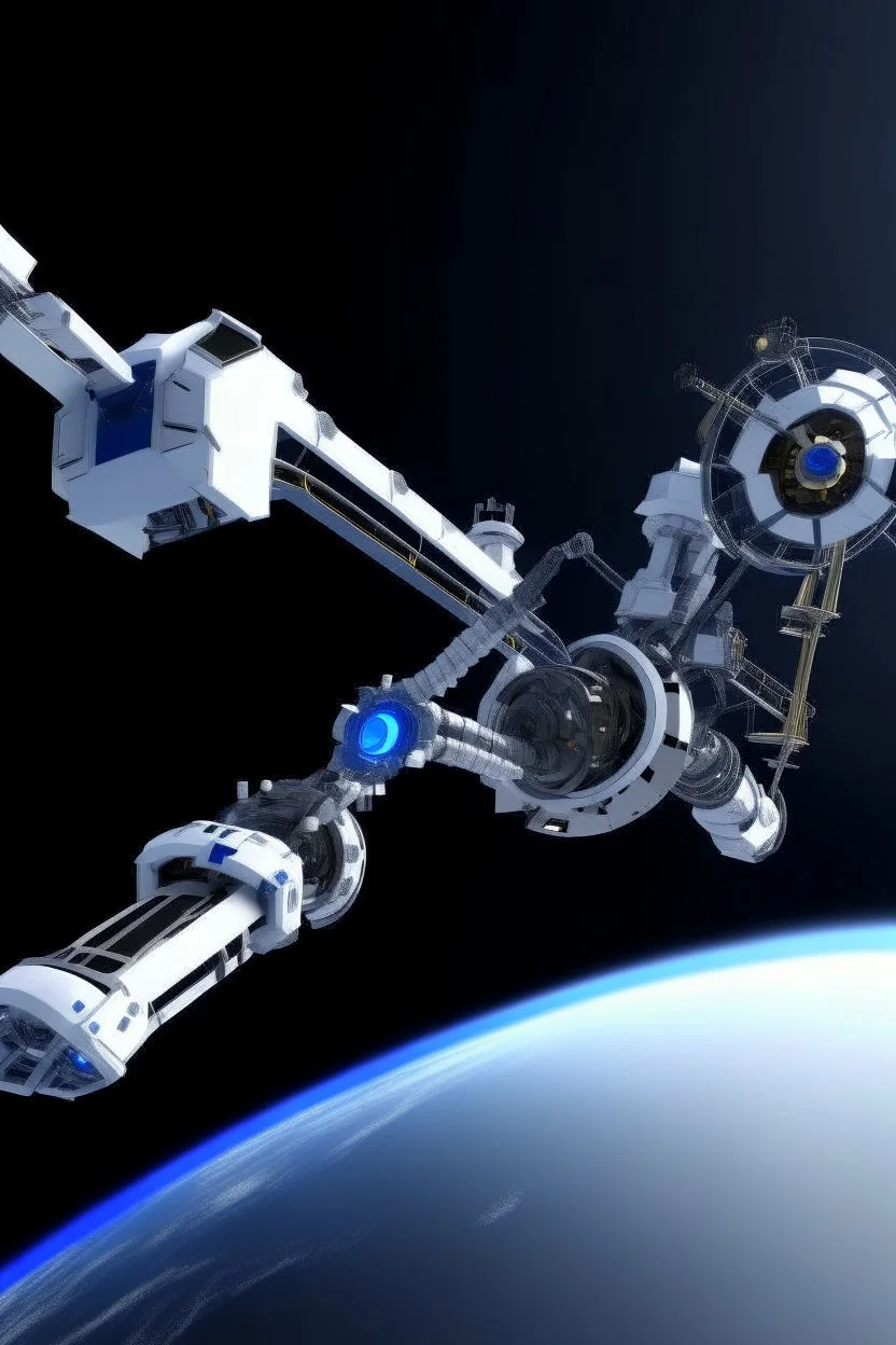 In a sci-fi starry sky background, a slender space flexible robotic arm with flexible joint is located on the satellite.The images have high resolution.