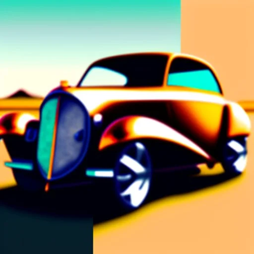 PROMPT: Detailed illustration of a [CAR], metallic body in [COLOR], with subtle rust spots and faded paint details. The car is parked, chrome accents and custom wheels catching the light. The background shows [SCENERY], with a [SKY GRADIENT COLORS]. The style is cinematic, bold, and vibrant, masterpiece digital painting with high detail and game-art inspired realism.