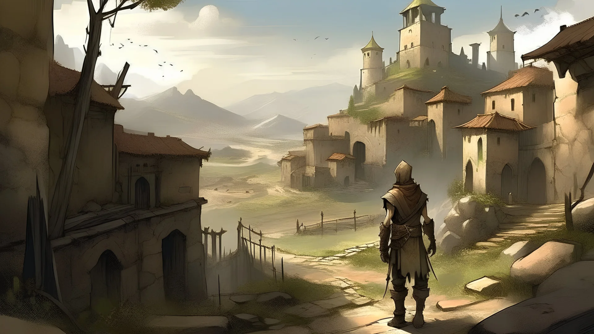 /imagine prompt: realistic, personality: [Illustrate a bustling panoramic view of the vast land of Maracan during the Middle Ages, plagued by crime and corruption. village are dilapidated, graffiti covers the walls, and people walk with their heads down. The young warrior strides through the streets, his eyes scanning the surroundings, ready to take on any challenges that come his way] unreal engine, hyper real --q 2 --v 5.2 --ar 16:9