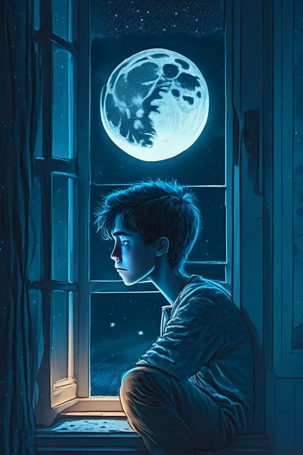 a depressed boy looking at the moon at night sitting on his window