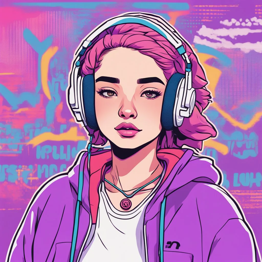 masterpiece, intricate details, a wide angle 2D anime bold line flat colour illustration of a cheerful girl in a high purple hoodie and headphone in hip hop style, dopamine style, overlaying mixed patterns of pop art text and emoji device installations, sharp focus, charming character illustration, beautiful vibrant kuler palette gradient