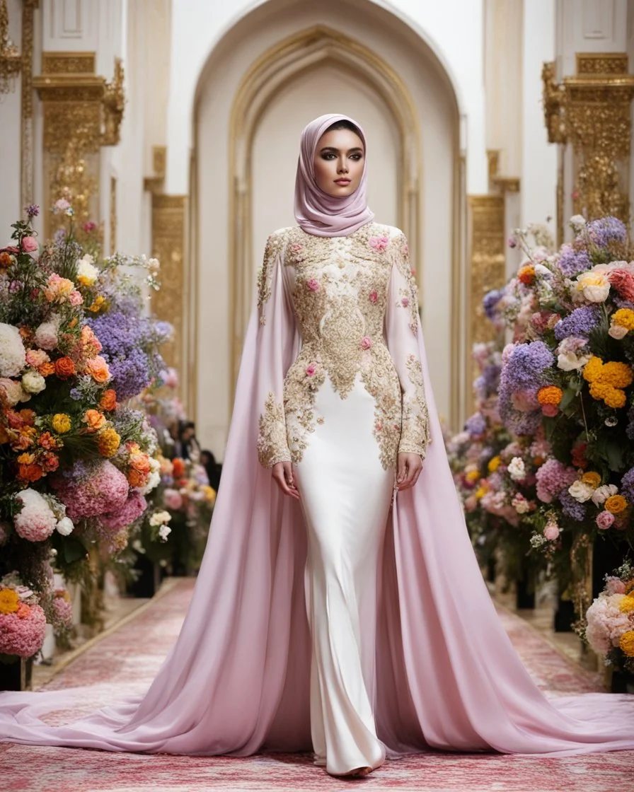 Full body Photography art fashion show event,islamic fashion show cat walk gorgeous super model Beautiful woman iranian hijab ,dressing luxury design wedding gown made of flowers ,full of various kinds of flowers,soft colors