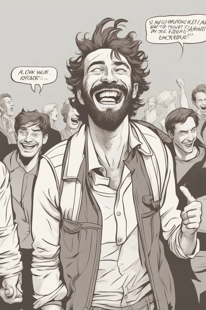 man with scruffy hair and stubble laughing at people panicking comic book style