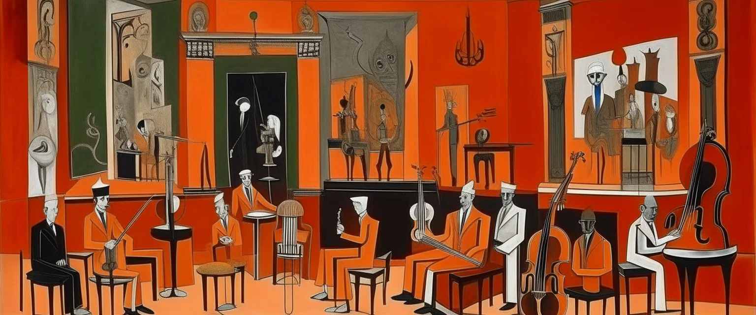 An orange theatre with jazz instruments painted by Pablo Picasso