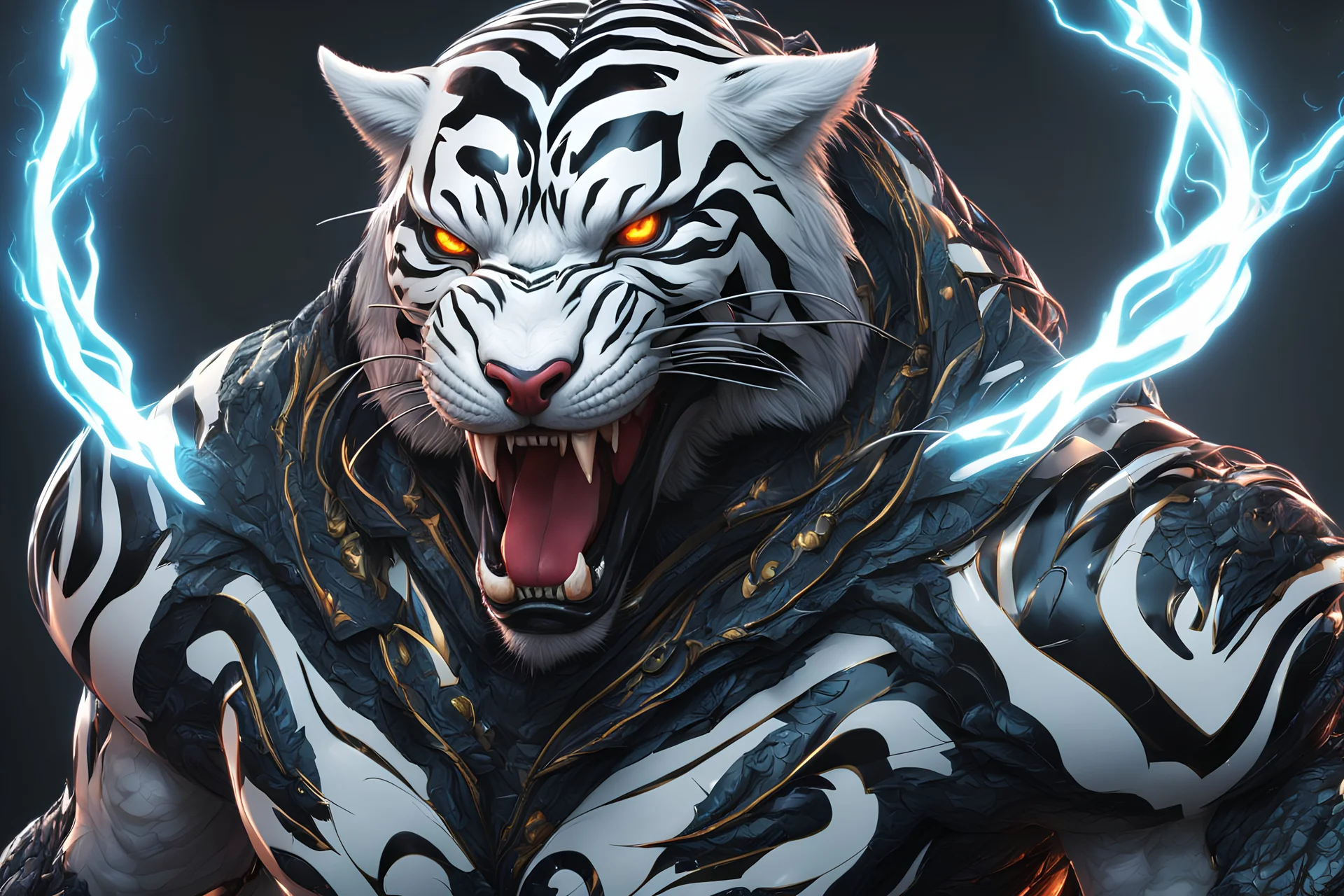 Venom beast in 8k anime cgi artstyle, white tiger them, neon effect, close picture, full body, apocalypse, intricate details, highly detailed, high details, detailed portrait, masterpiece,ultra detailed, ultra quality