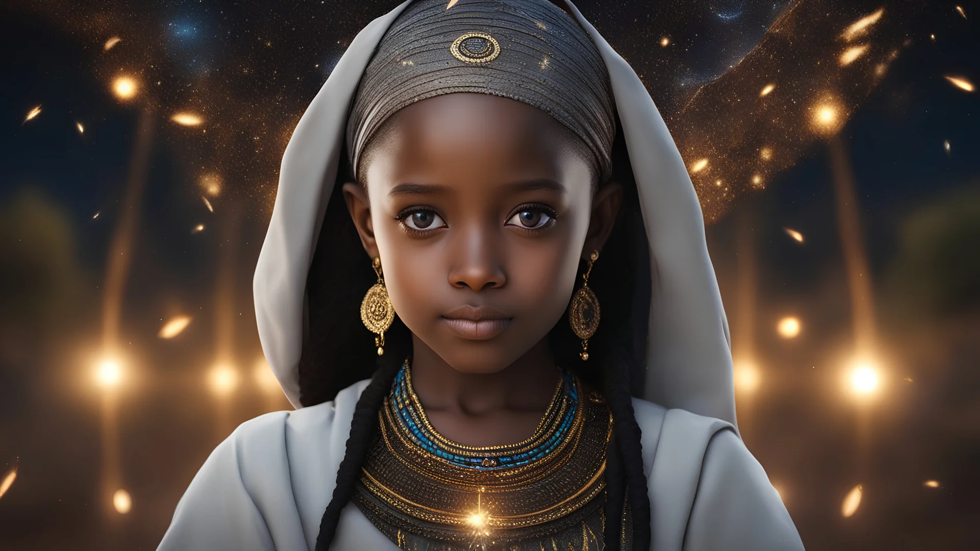 little young Ethiopian girl, peaceful, gentle, confident, calm, wise, facing camera, head and shoulders, traditional Ethiopian costume, perfect eyes, exquisite composition, night scene, fireflies, moon, stars, beautiful intricate insanely detailed octane render, trending on artstation, 8k artistic photography, photorealistic concept art, soft natural volumetric cinematic perfect light, chiaroscuro, award-winning photograph, masterpiece, Raphael, Caravaggio, Bouguereau, Alma-Tadema