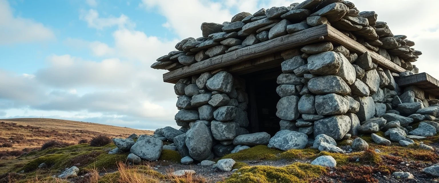 A forgotten horg under open sky — stones piled by hands long gone, holding silence and memory. Moss, ash, and cold wind. The land remembers.