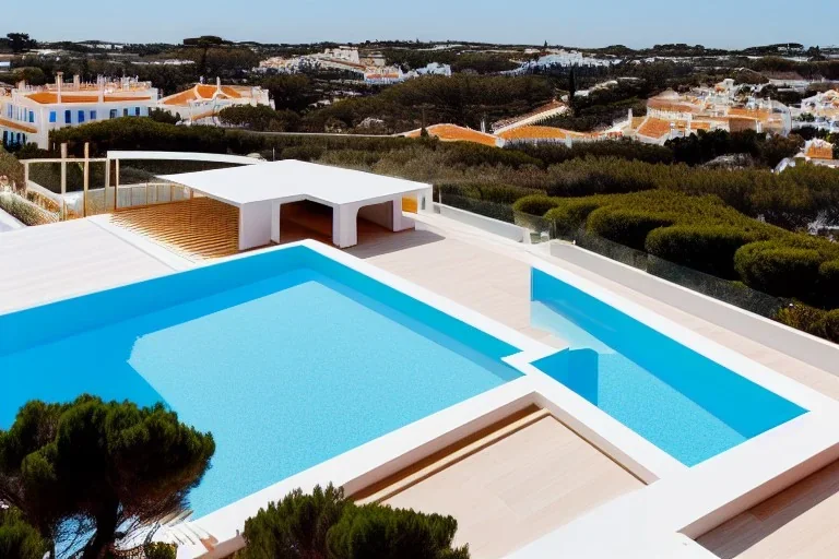 algarve in quinta do lago, one straight line building of 250 meters long pool on the rooftop of that modern luxury architecture building made in white render, wood and gold metallic pergolas with pool on rooftop, overlooking a slope with pinus pinea