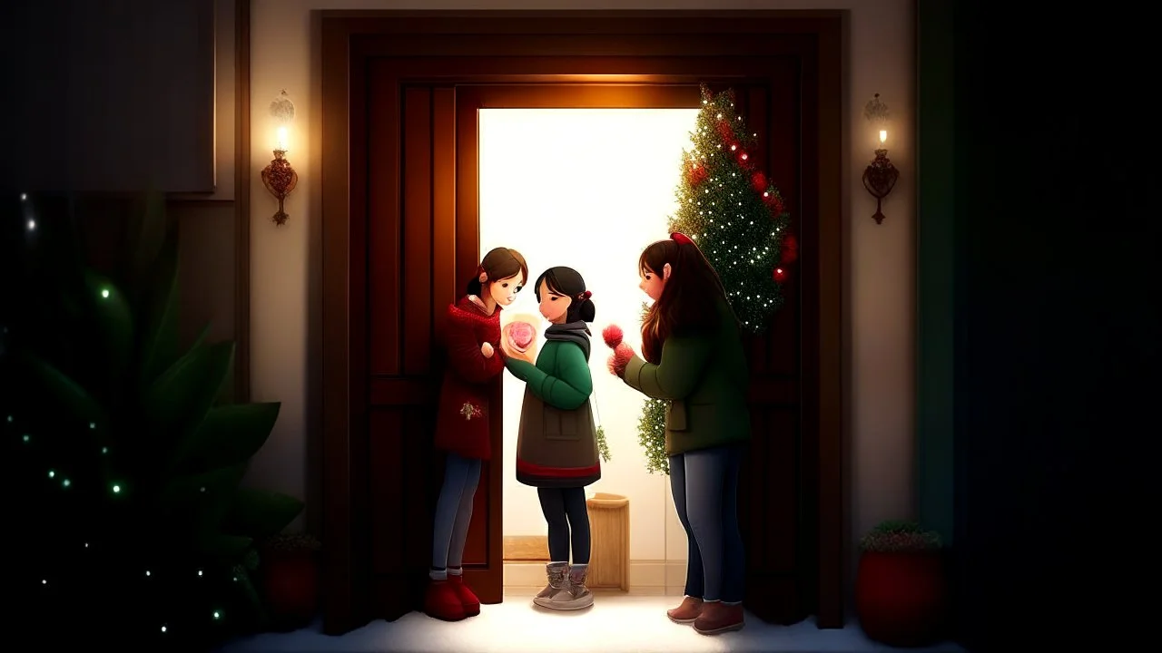 "I'm envisioning a heartwarming scene featuring three best friends gathered by the door during the Christmas season. The entrance of a cozy home is adorned with festive decorations, including Christmas lights framing the door and a wreath with colorful ornaments. The three friends, dressed in stylish winter clothing, share laughter and joy as they prepare to celebrate together. One of the friends holds a six-pack of beer, adding a touch of festive cheer. The expressions on their faces reflect th