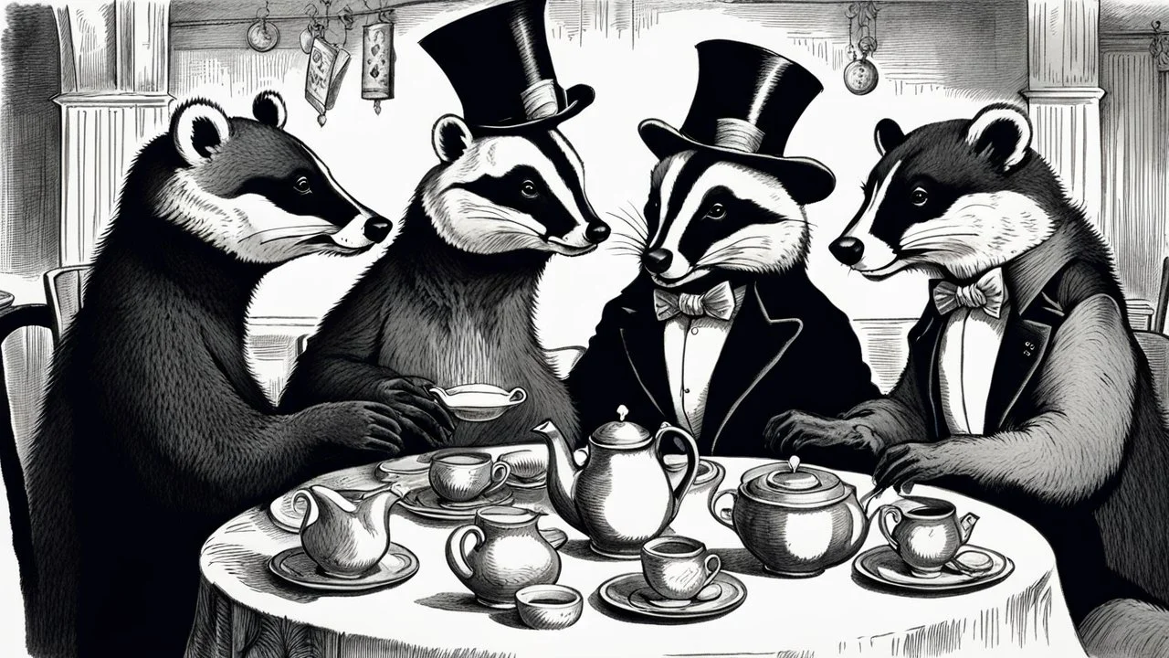 Anthropomorphic European badger wearing a tophat and having a tea party with his other anthropomorphic animal buddies. Etching.