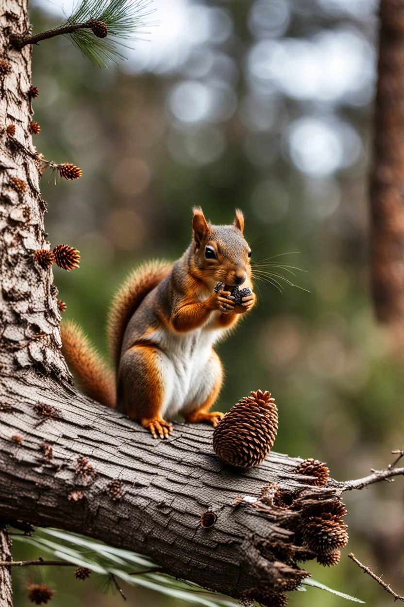 A squirrel is sitting on a pine tree in the forest, holding a pine cone