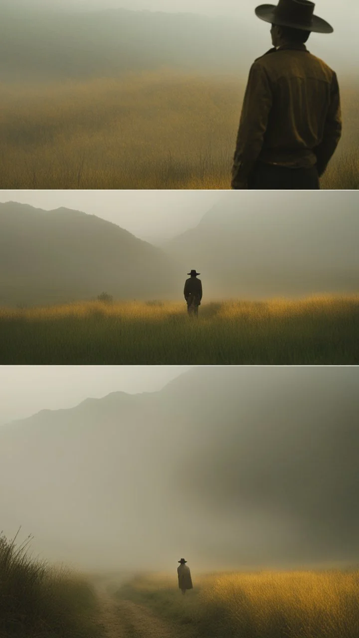 A lonely cowboy in the grassland, a foggy day film in the Wong Kar Wai style, foreground blur, distant view in the style of Wu Chen and George Hopper, Rembrandt lighting, a dark green and yellow color scheme, ethereal light. --ar 13:16 --v 6. 0