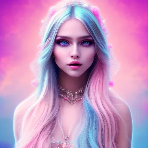 beautiful, soft, smiling face, whole head, long straight blonde hair blues eyes, crown on the head, clothing in transparent bluish and pink veil, background brillante bluish and pink, hight definition, 8K