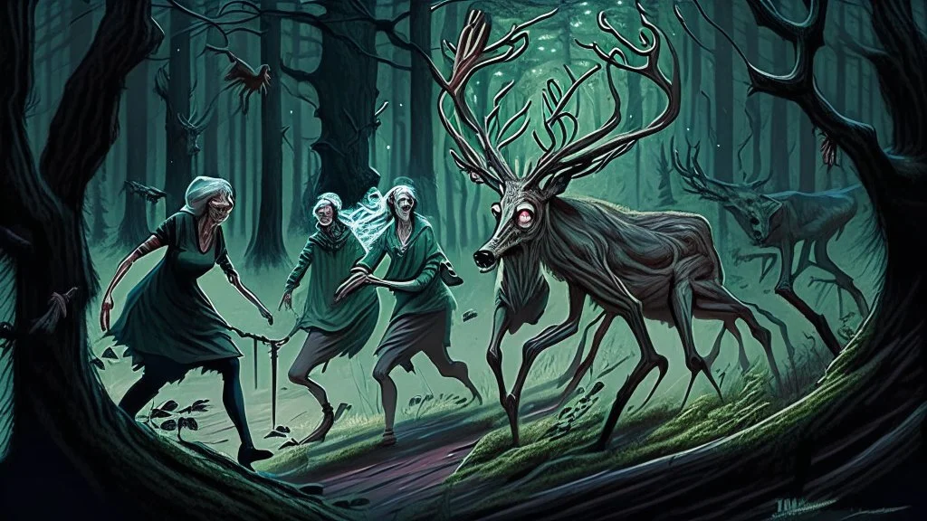 lovecraftian styled resurrected unhappy single deer chasing the older drunk lady through the forest while the survivors in his deer family watches with relief