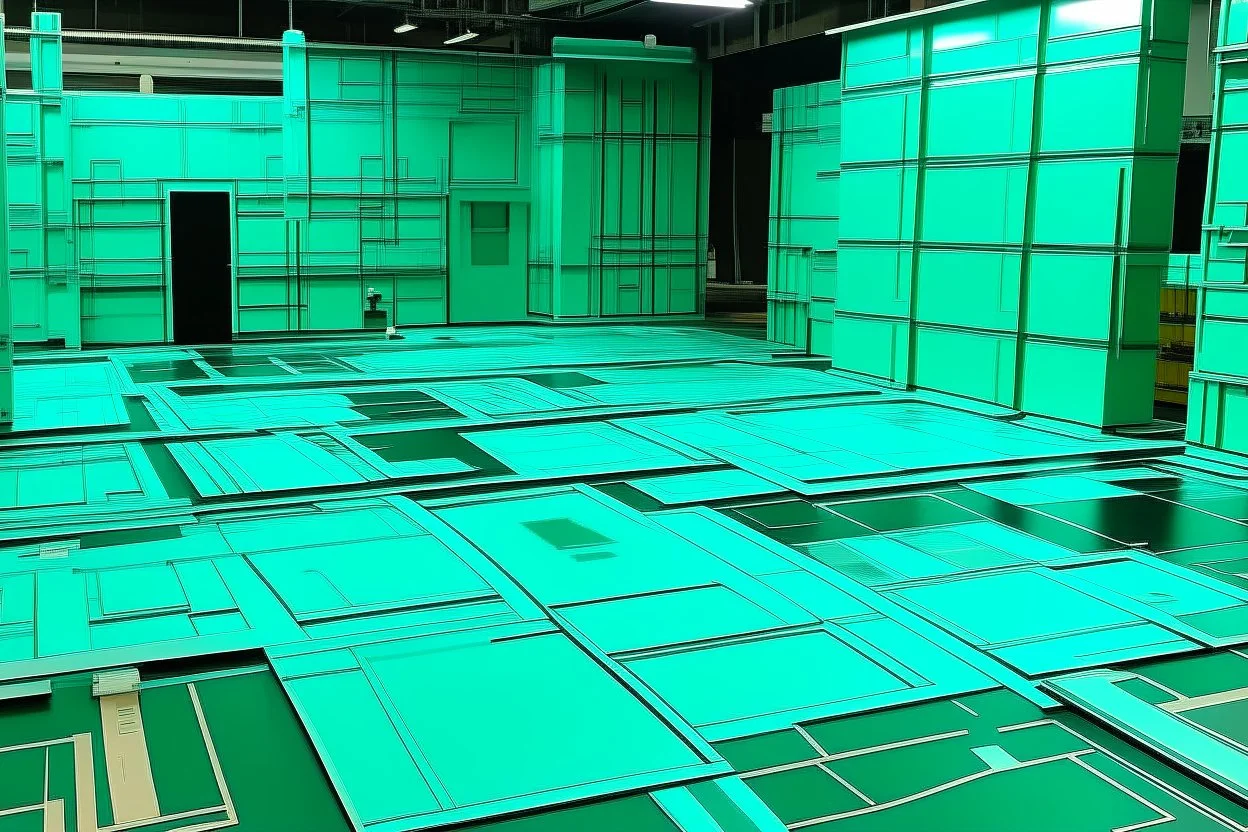 A bluish green facility zone made out of gel painted by Frank Lloyd Wright