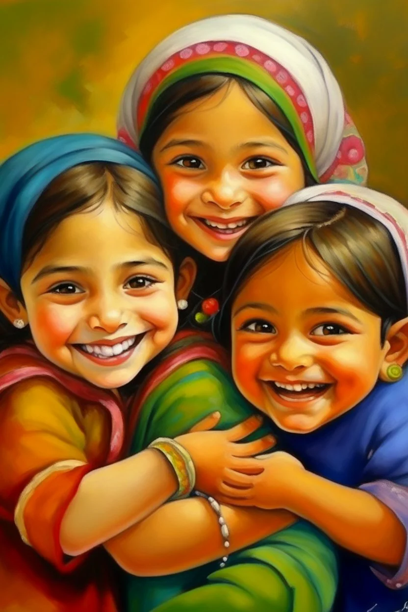 oriental arabic childeren higging ech other smiling painting