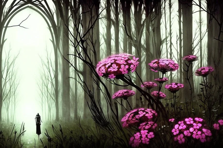 night, forest, flowers, gothic horror influence, epic