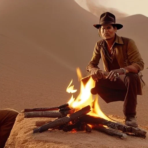 johnny depp as indiana jones smoking, around a fire, in the desert, photo shoot